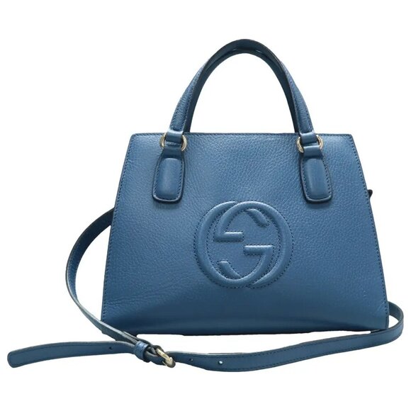 100% Authentic GUCCI Soho Top Handle Blue Leather Satchel 882-112024 - Picture 1 of 12